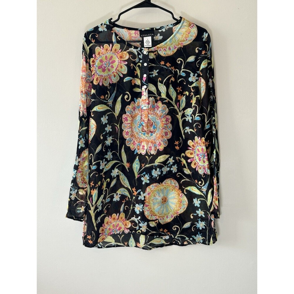 ATHLETA Women's M Sheer Black Floral Silk Blend Tunic Top Cover-Up Lightweight